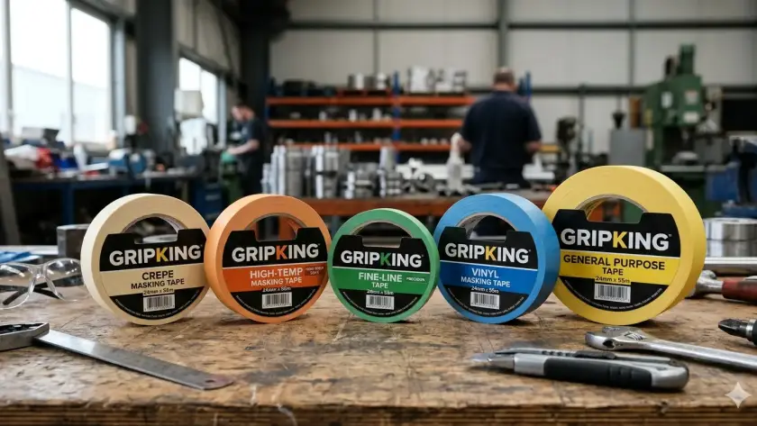 Industrial masking tapes of different grades lined up in a manufacturing facility, showing crepe paper, high-temperature, and fine-line tape rolls