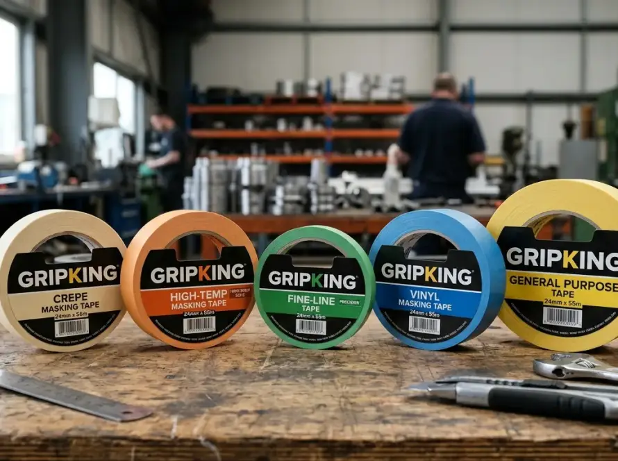 Industrial masking tapes of different grades lined up in a manufacturing facility, showing crepe paper, high-temperature, and fine-line tape rolls