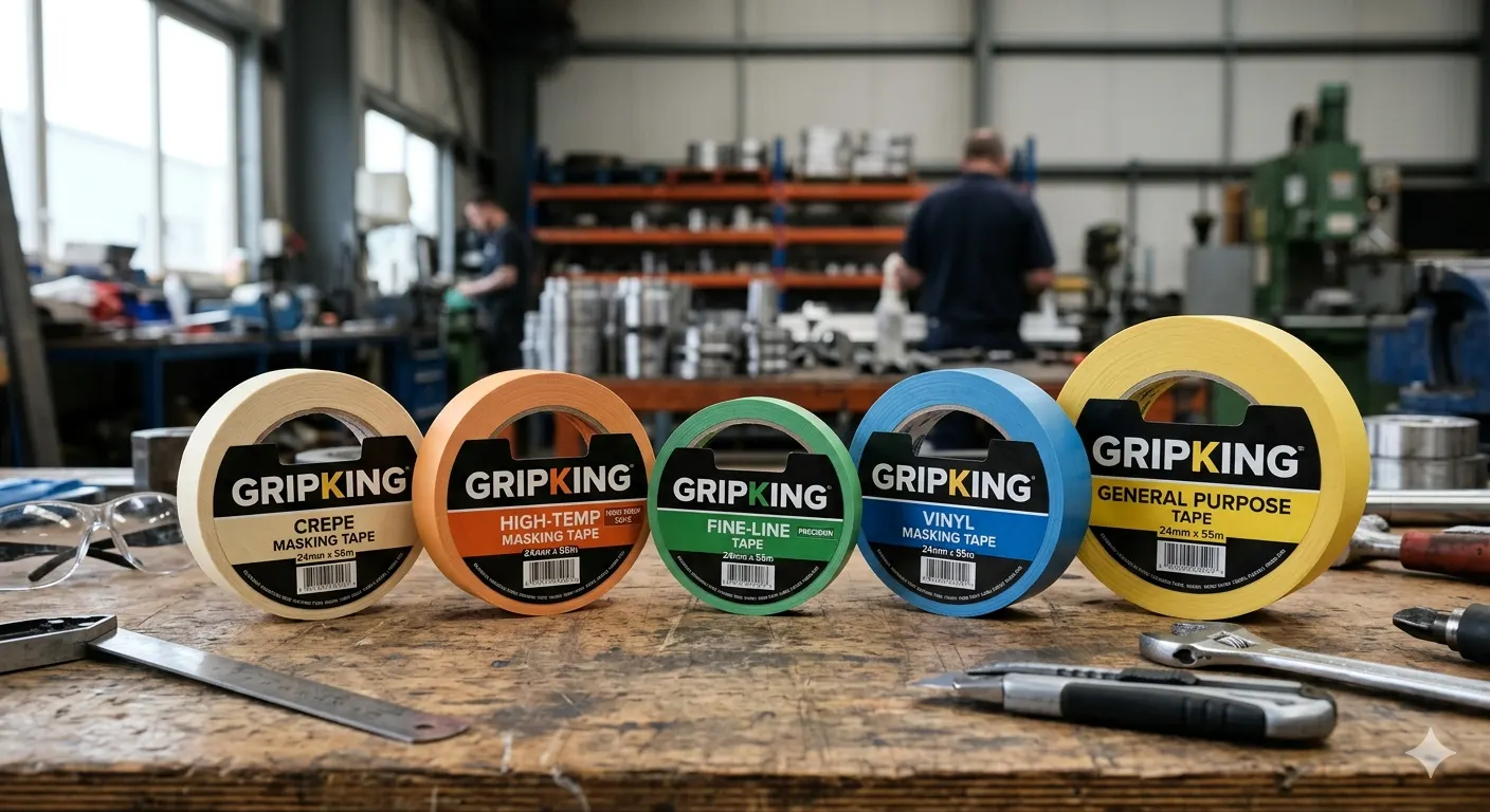 Industrial masking tapes of different grades lined up in a manufacturing facility, showing crepe paper, high-temperature, and fine-line tape rolls