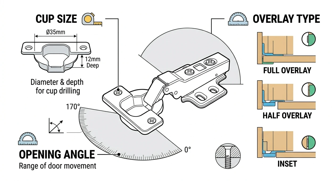 soft-close hinge specifications cup size opening angle overlay type