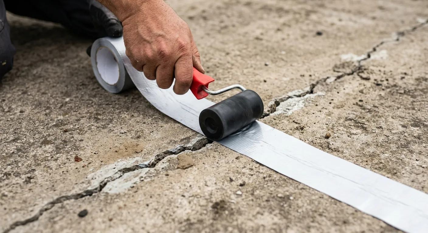 Close-up hands rolling a butyl tape strip over a concrete crack.