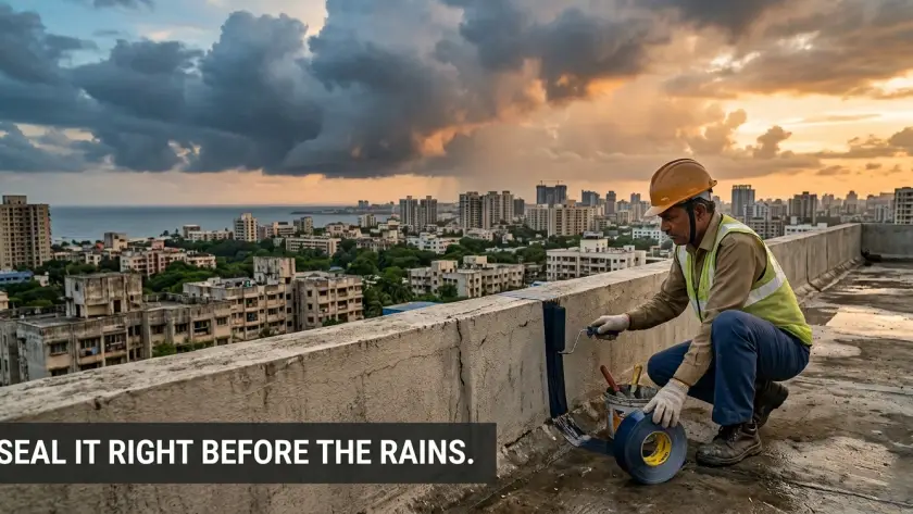 Worker applying butyl waterproofing tape on a concrete rooftop