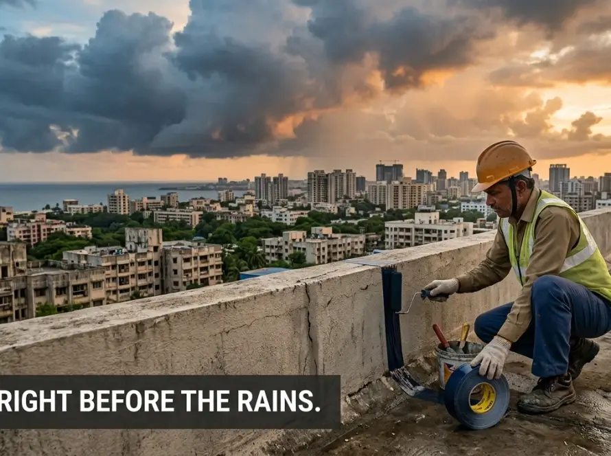 Worker applying butyl waterproofing tape on a concrete rooftop