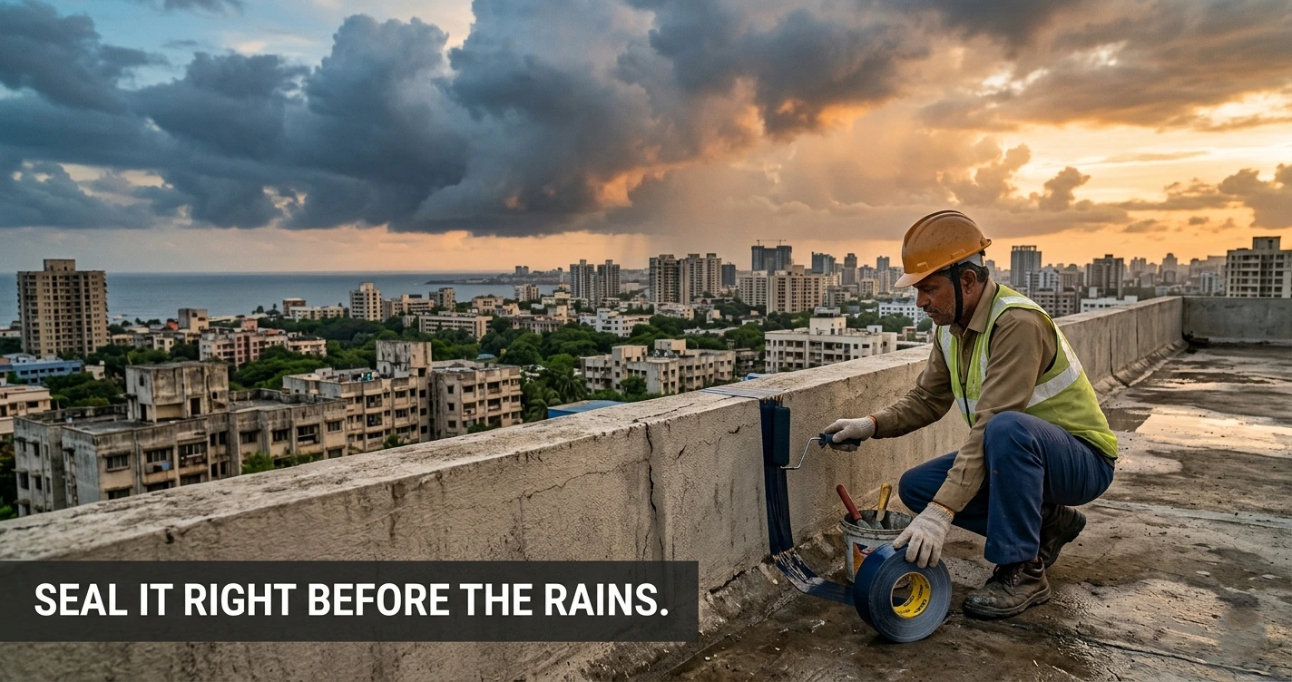 Worker applying butyl waterproofing tape on a concrete rooftop