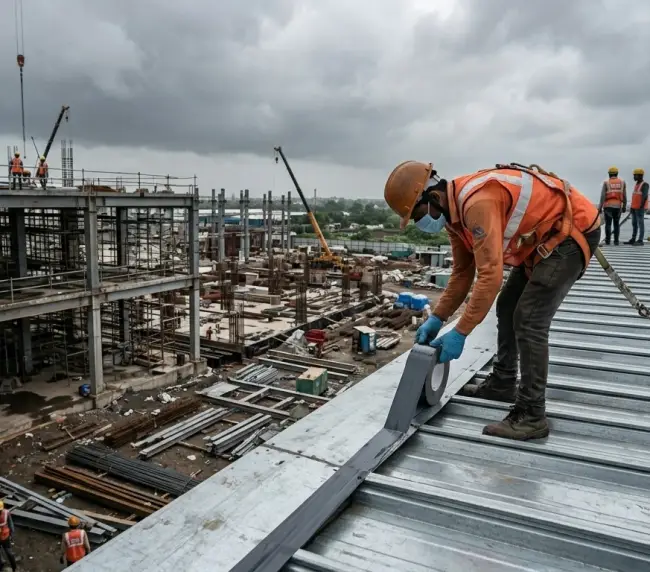 A construction worker applying butyl tape along a metal roof seam at a construction site