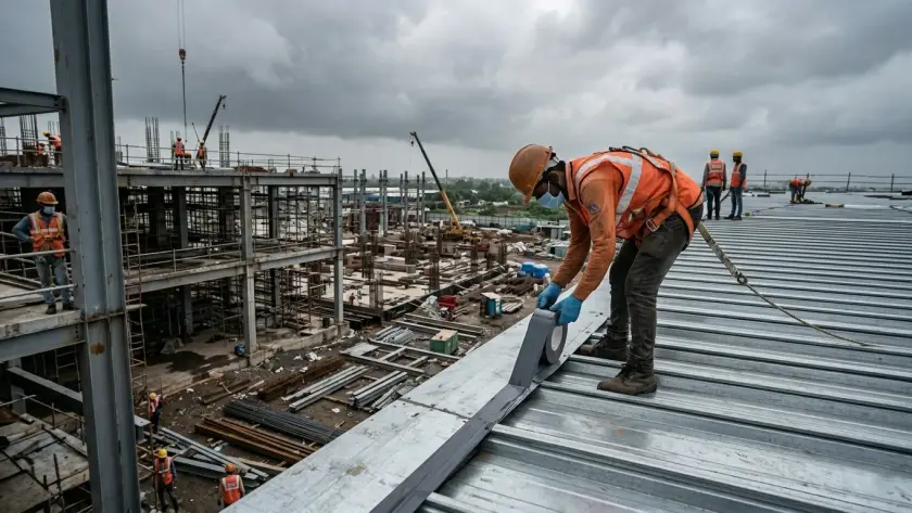 A construction worker applying butyl tape along a metal roof seam at a construction site