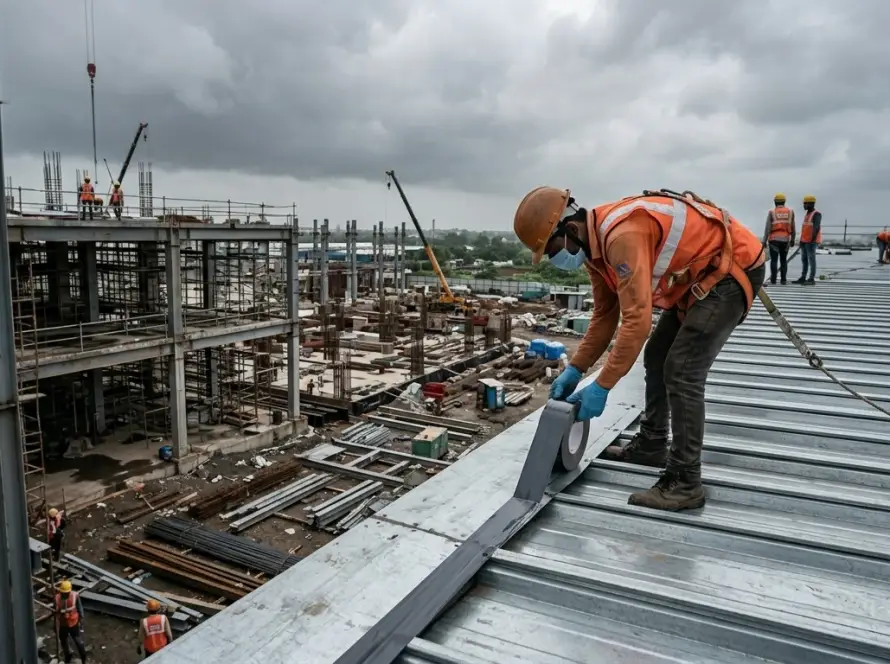A construction worker applying butyl tape along a metal roof seam at a construction site
