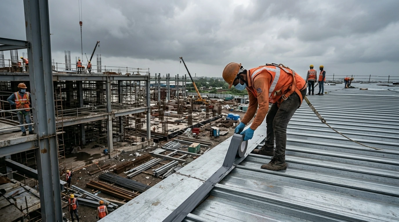 A construction worker applying butyl tape along a metal roof seam at a construction site