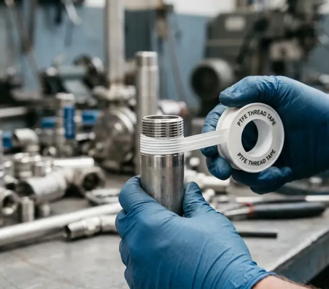 A roll of white PTFE Teflon tape being wrapped around threaded pipe fittings