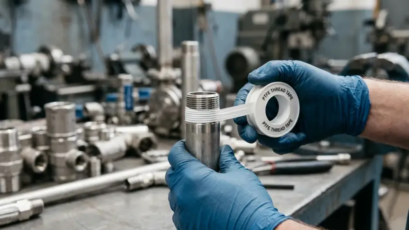 A roll of white PTFE Teflon tape being wrapped around threaded pipe fittings