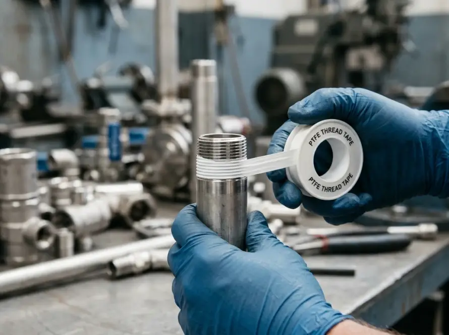A roll of white PTFE Teflon tape being wrapped around threaded pipe fittings