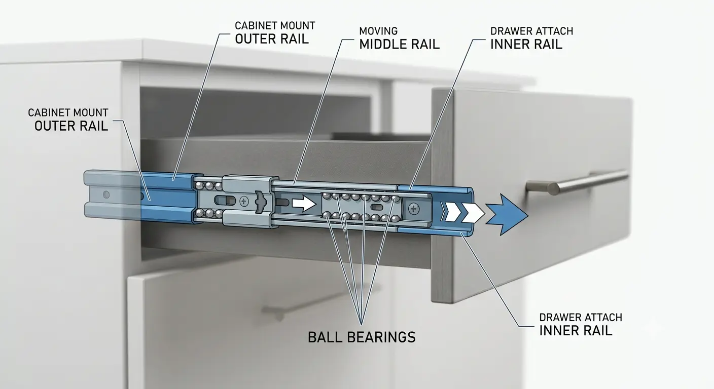 Diagram showing how a three-rail telescopic channel extends using ball bearings