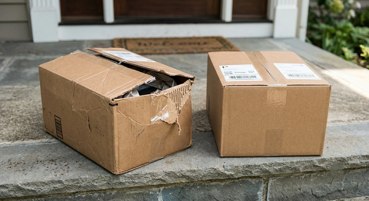 Damaged vs properly sealed e-commerce shipping carton comparison