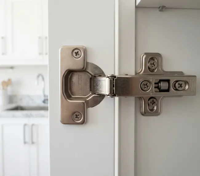 3D auto hinge installed on a modular kitchen cabinet door