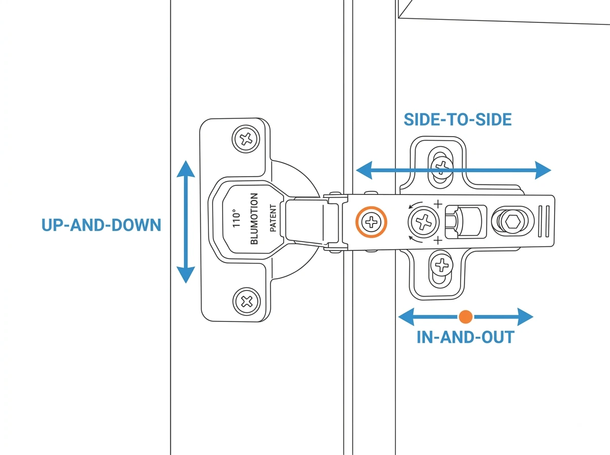 Diagram showing the side-to-side, in-and-out, and up-and-down adjustment axes on 2D and 3D hinges