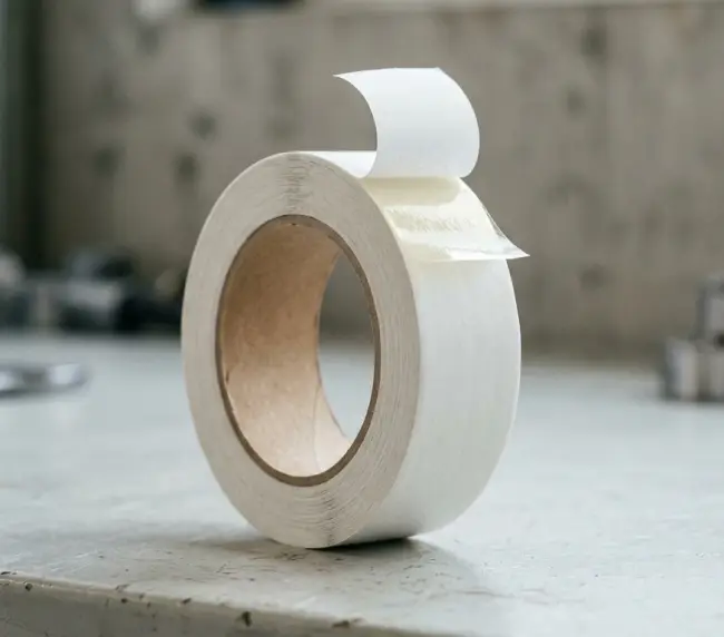 Roll of double-sided tissue tape with release liner peeled back showing the adhesive layer