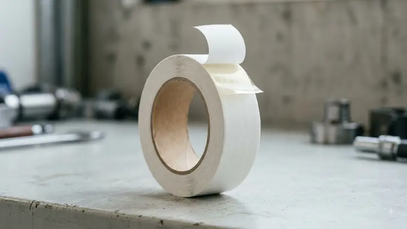 Roll of double-sided tissue tape with release liner peeled back showing the adhesive layer