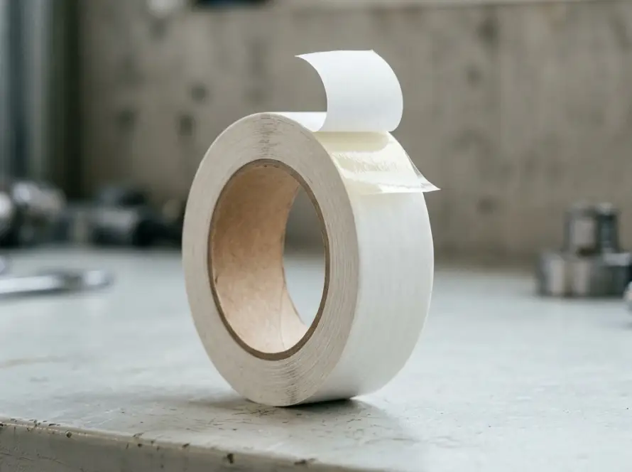 Roll of double-sided tissue tape with release liner peeled back showing the adhesive layer